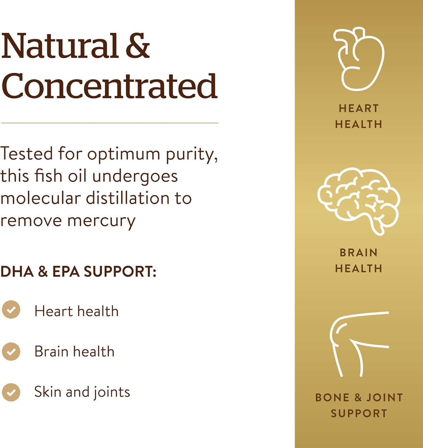 Close up look at the molecularly distilled EPA and DHA ingredient details on Solgar Fish Oil bottle.