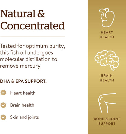 Close up look at the molecularly distilled EPA and DHA ingredient details on Solgar Fish Oil bottle.