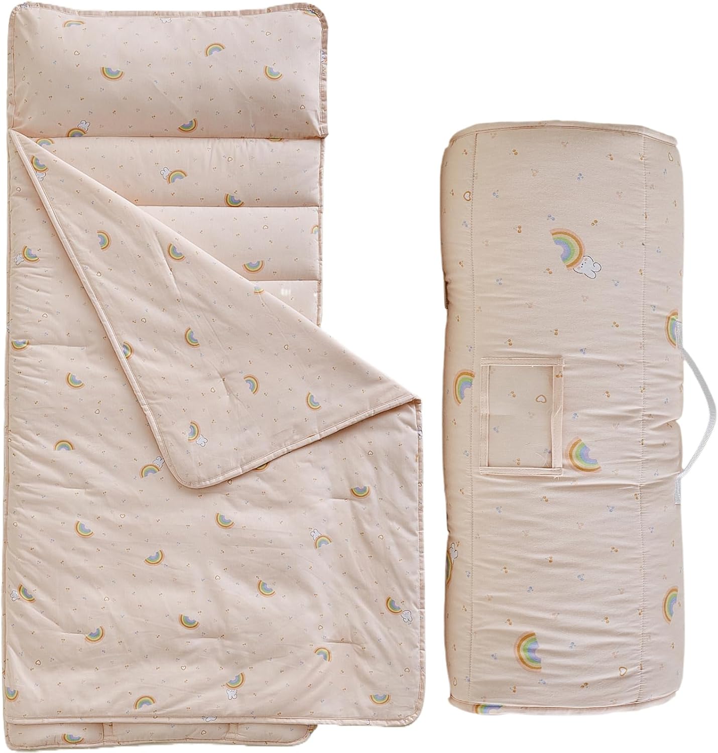 DuShow Cotton Toddler Nap Mat front view showing pink rainbow print