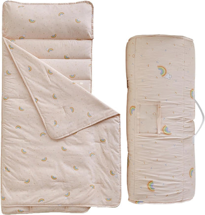 DuShow Cotton Toddler Nap Mat front view showing pink rainbow print