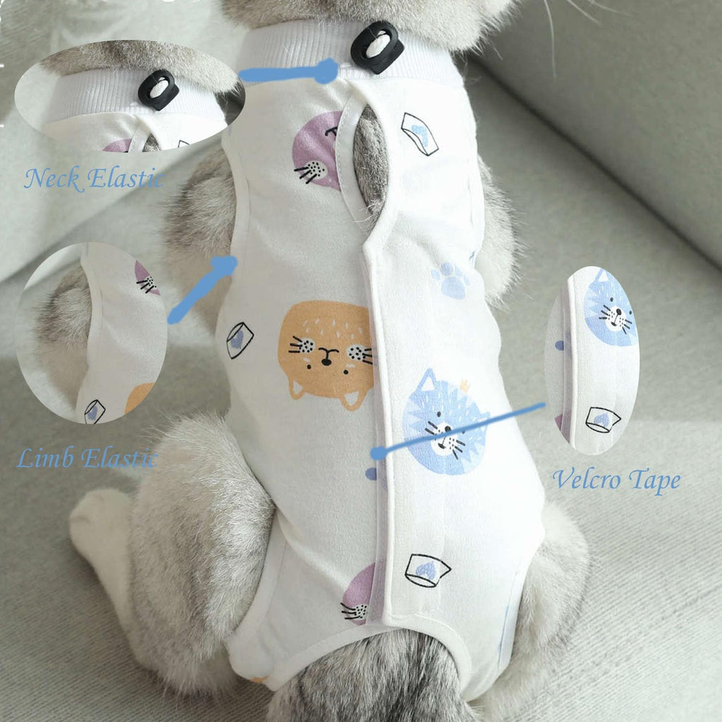 Cat recovery suit showing back fastening design details