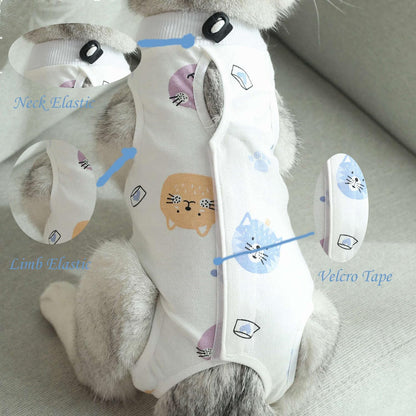 Cat recovery suit showing back fastening design details