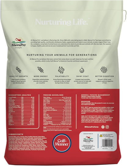 Manna Pro Calf Manna premium animal conditioning pellet supplement container displaying brand emblem