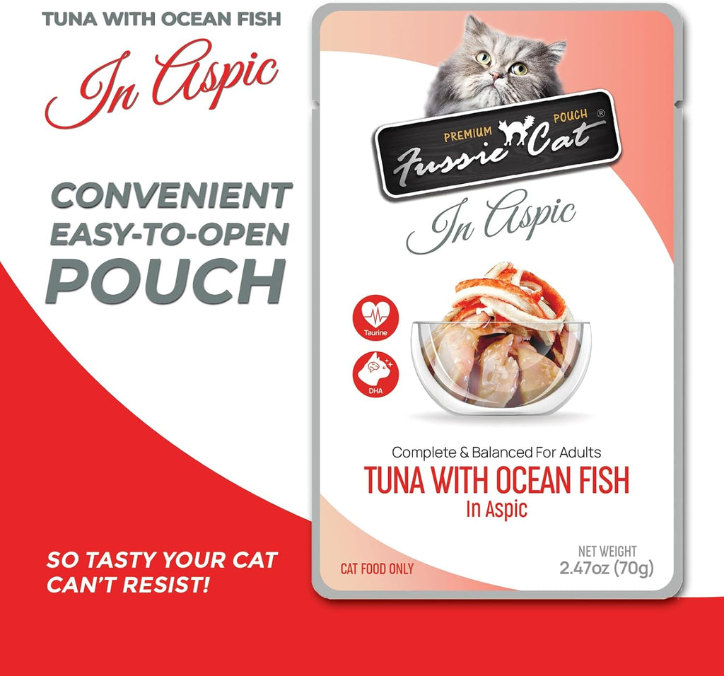 Back label of Fussie Cat premium pouch showing nutritional analysis and feeding instructions for adult cats