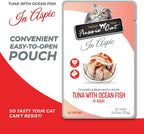 Back label of Fussie Cat premium pouch showing nutritional analysis and feeding instructions for adult cats