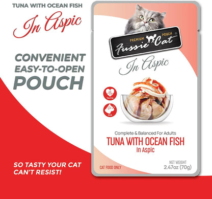 Back label of Fussie Cat premium pouch showing nutritional analysis and feeding instructions for adult cats