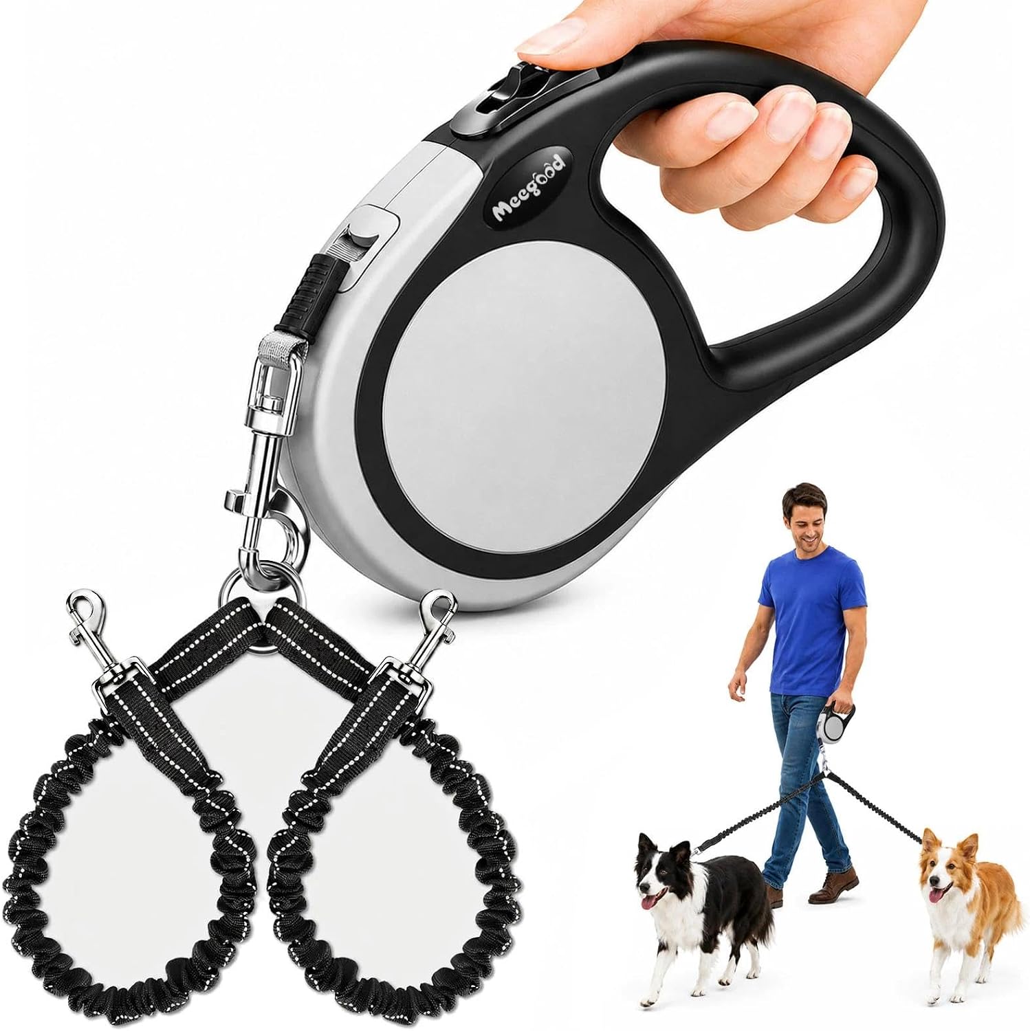Meegood double retractable dog leash front view in grey