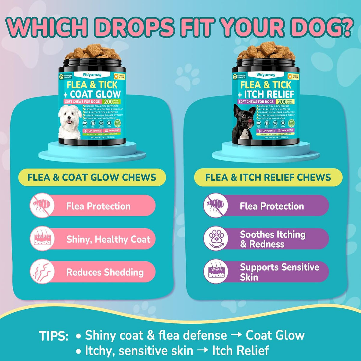Woyamay Flea and Tick Prevention for Dogs, Natural Flea + Coat Glow Soft Chews, Dog Flea and Tick Treatment Chewable, Reduces Itch & Shedding with Fish Oil & Neem, Chicken Flavor - Image 9