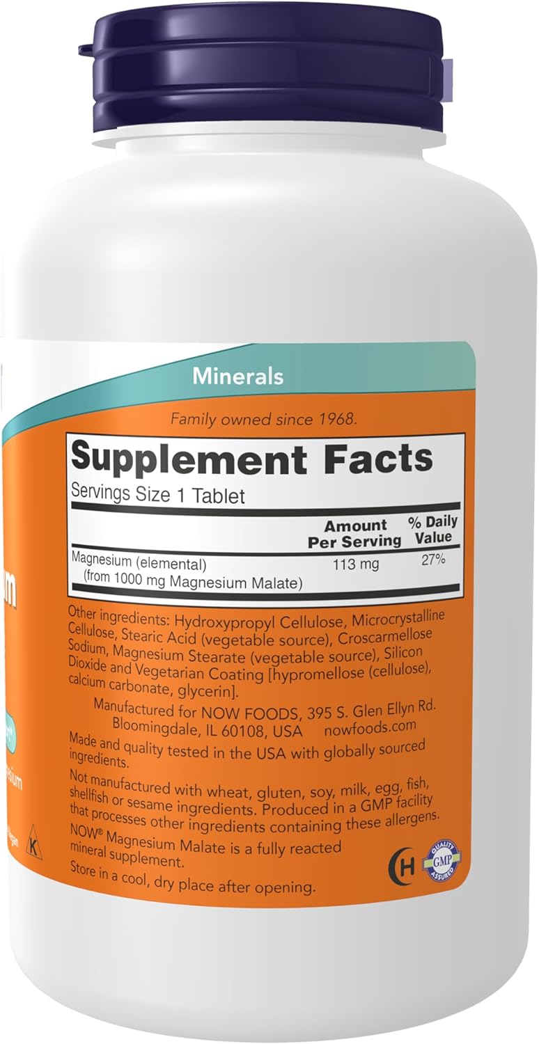 NOW Foods Magnesium Malate dietary supplement label showing nutritional facts and elemental magnesium content.