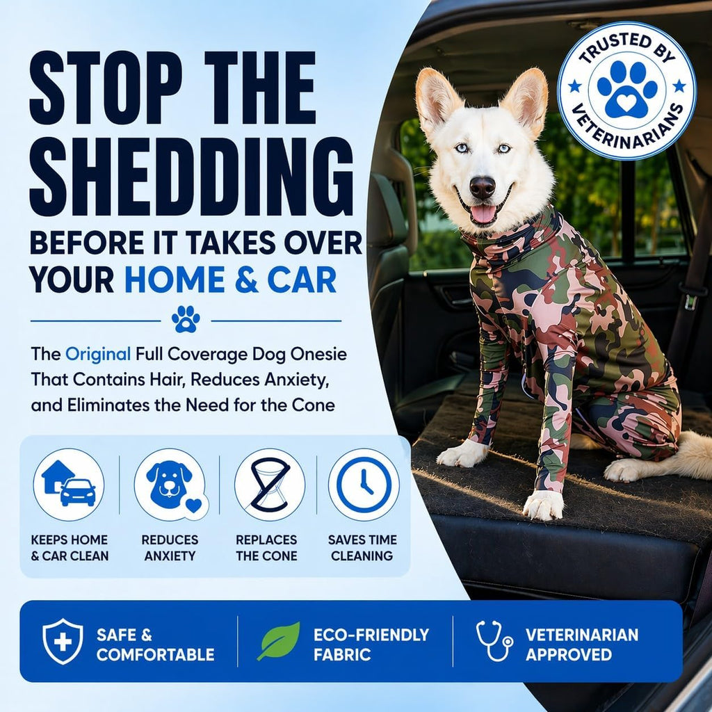 Shed Defender protective dog clothes covering hot spots and allergies.