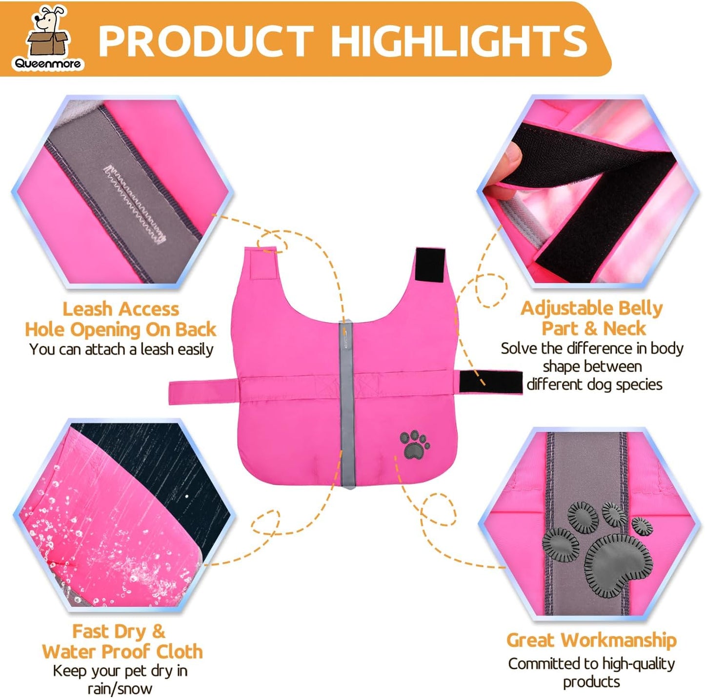 Close up of reflective paw print safety detail on dog jacket