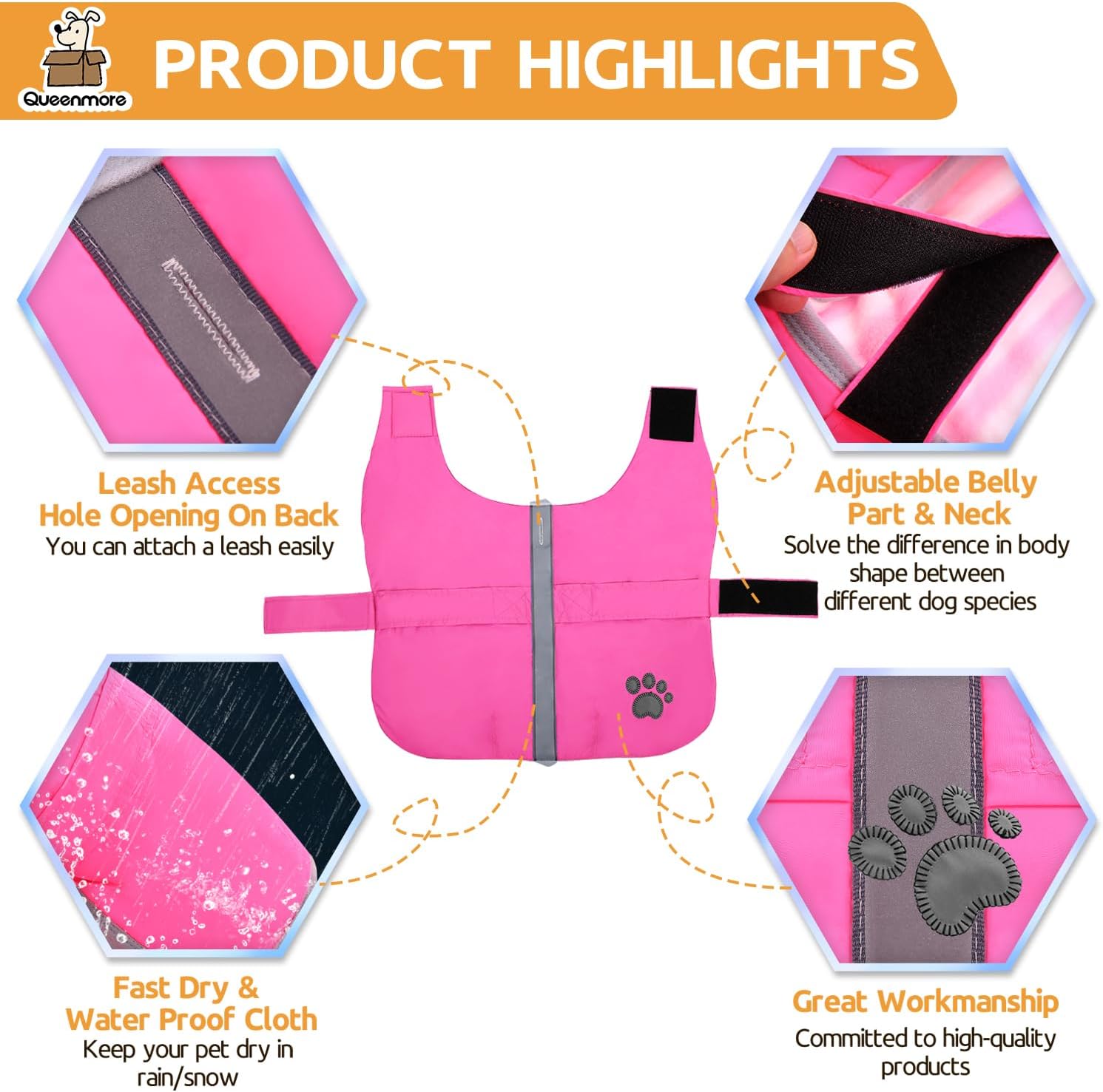 Close up of reflective paw print safety detail on dog jacket
