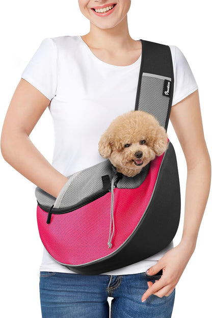 Pawaboo Pet Dog Sling Carrier, Hand Free Drawstring Dog Papoose with Adjustable Strap, Breathable Mesh Bag for Puppy Cat, Crossbody Satchel Dog Purse with Pocket for Outdoor, Dark Gray+Black, Medium - Image 15