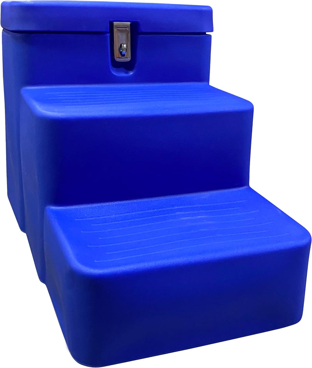 Side perspective of the durable blue polyethylene 3 step horse mounting block showing the lockable storage compartment.