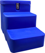 Side perspective of the durable blue polyethylene 3 step horse mounting block showing the lockable storage compartment.