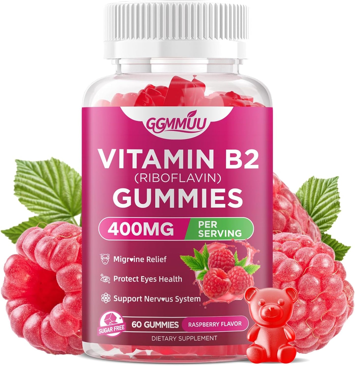 GGMMUU Vitamin B2 400mg supplement front view showing the raspberry flavored gummies bottle