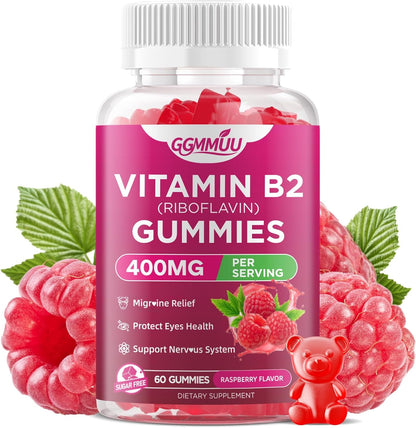 GGMMUU Vitamin B2 400mg supplement front view showing the raspberry flavored gummies bottle