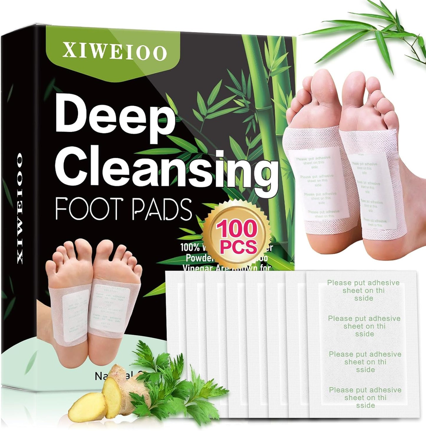 XIWEIOO Ginger Bamboo Charcoal Foot Pads 100 pack front view for relaxation.