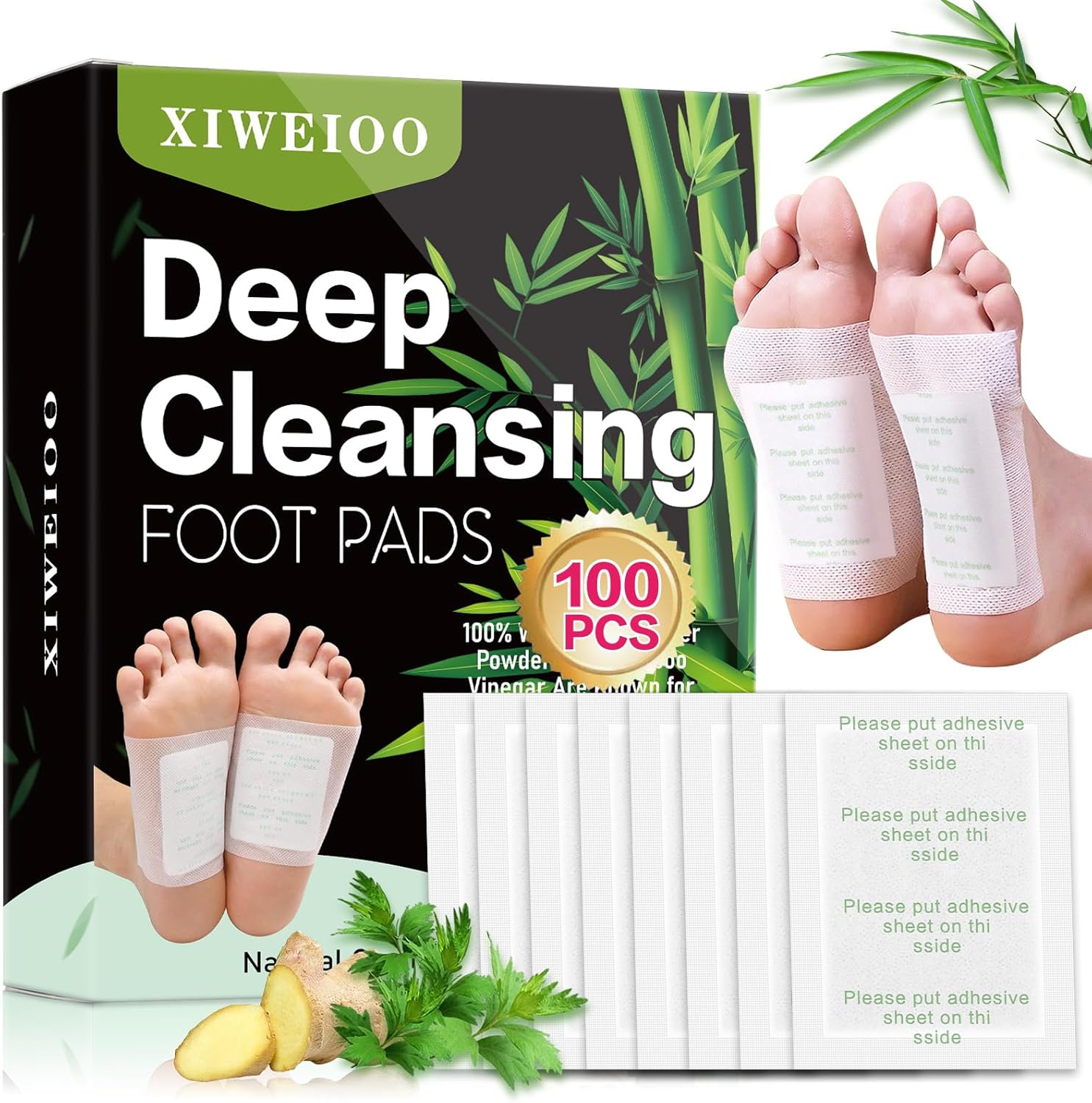 XIWEIOO Ginger Bamboo Charcoal Foot Pads 100 pack front view for relaxation.