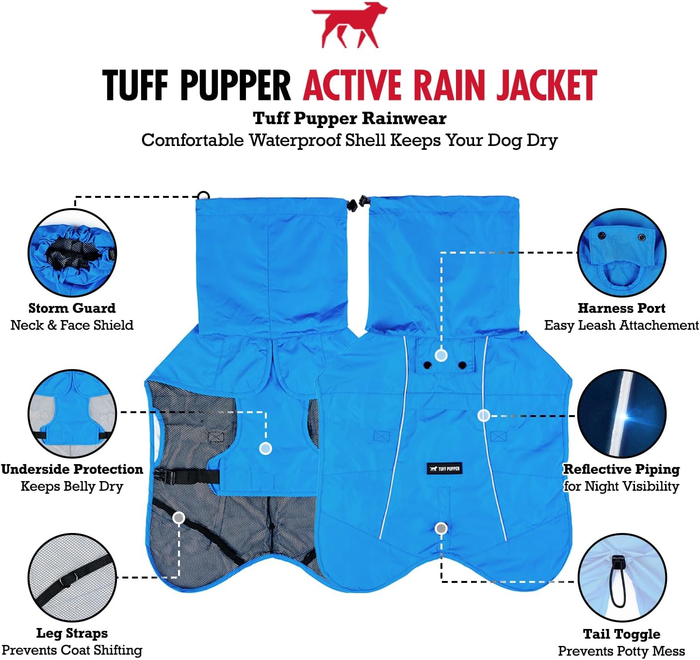 Tuff Pupper reflective dog rain jacket back view showing leash port