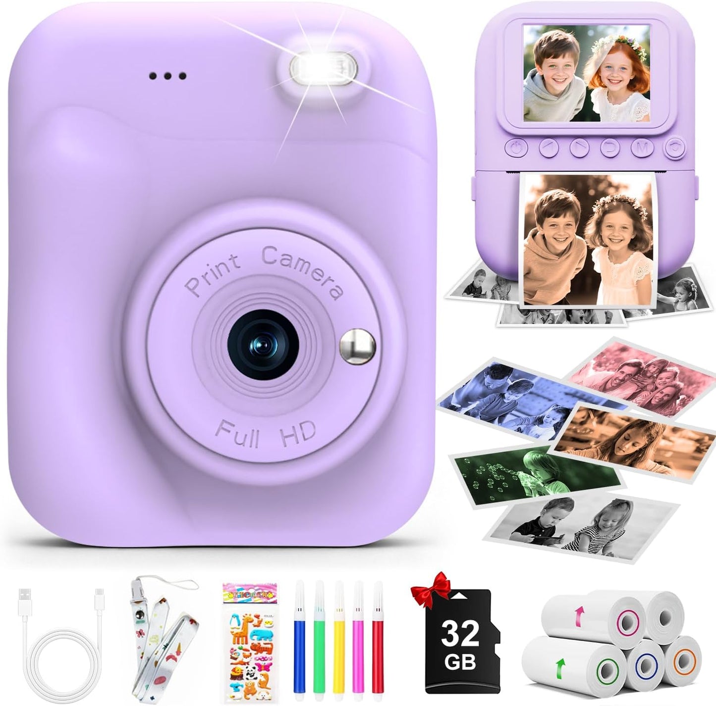 Minibear kids instant print digital camera front view in vibrant purple color