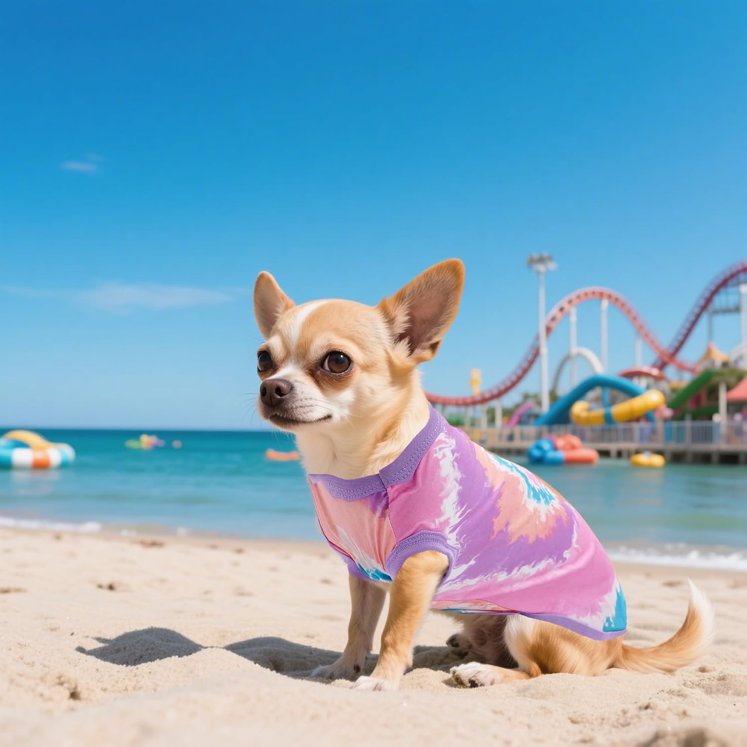 Side view of female dog model in tie dye puppy tee