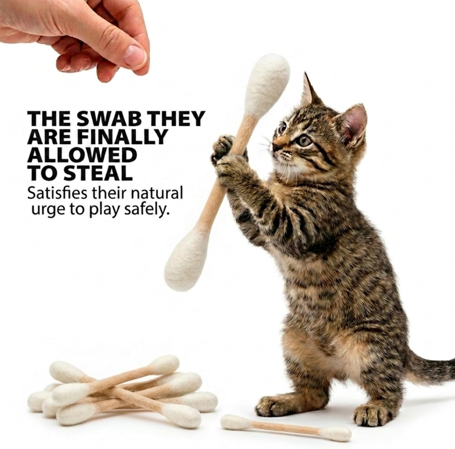 Six pack of beige wool swab cat toys for indoor cats
