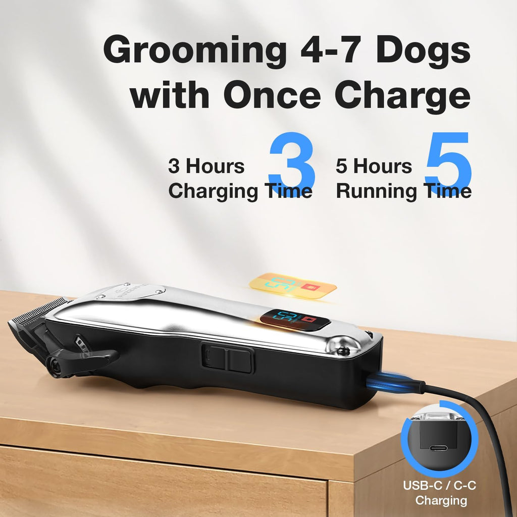 Cordless heavy coat dog clippers showing the intelligent LCD battery display