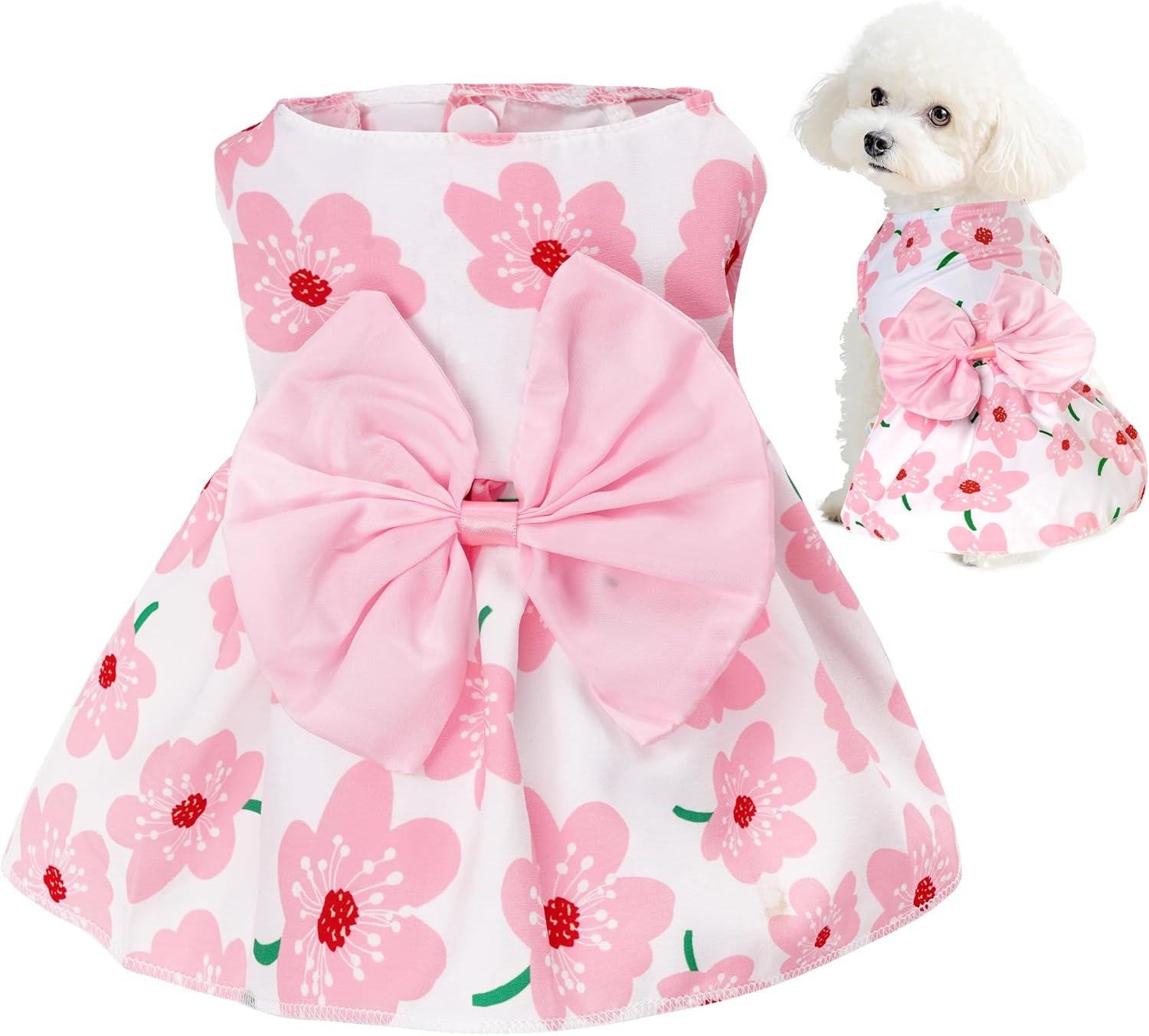 Choyaxo floral dog dress front view showing pink flower pattern and large bowknot detail.