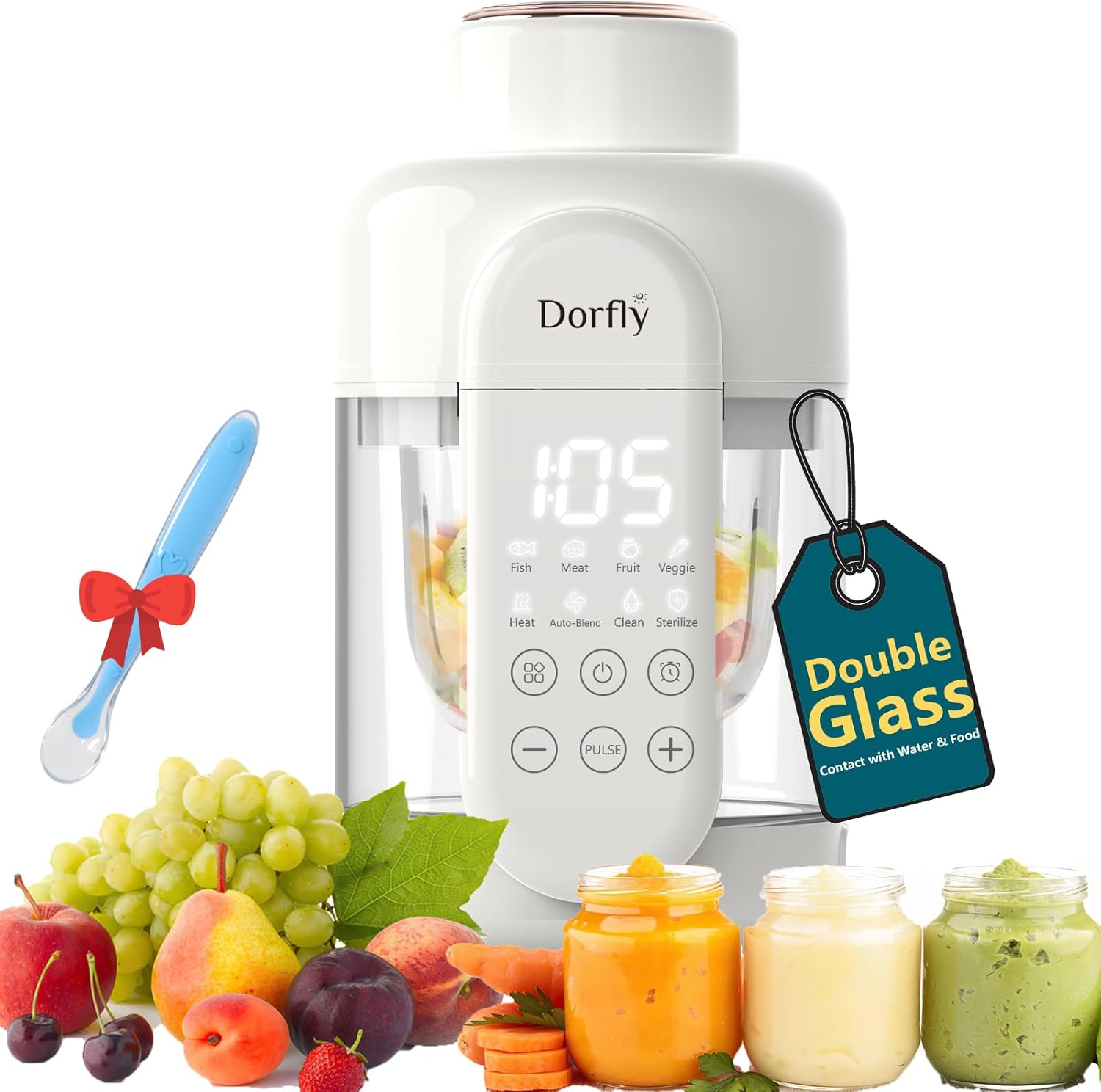 Dorfly glass baby food maker front view showing digital display screen on white appliance.