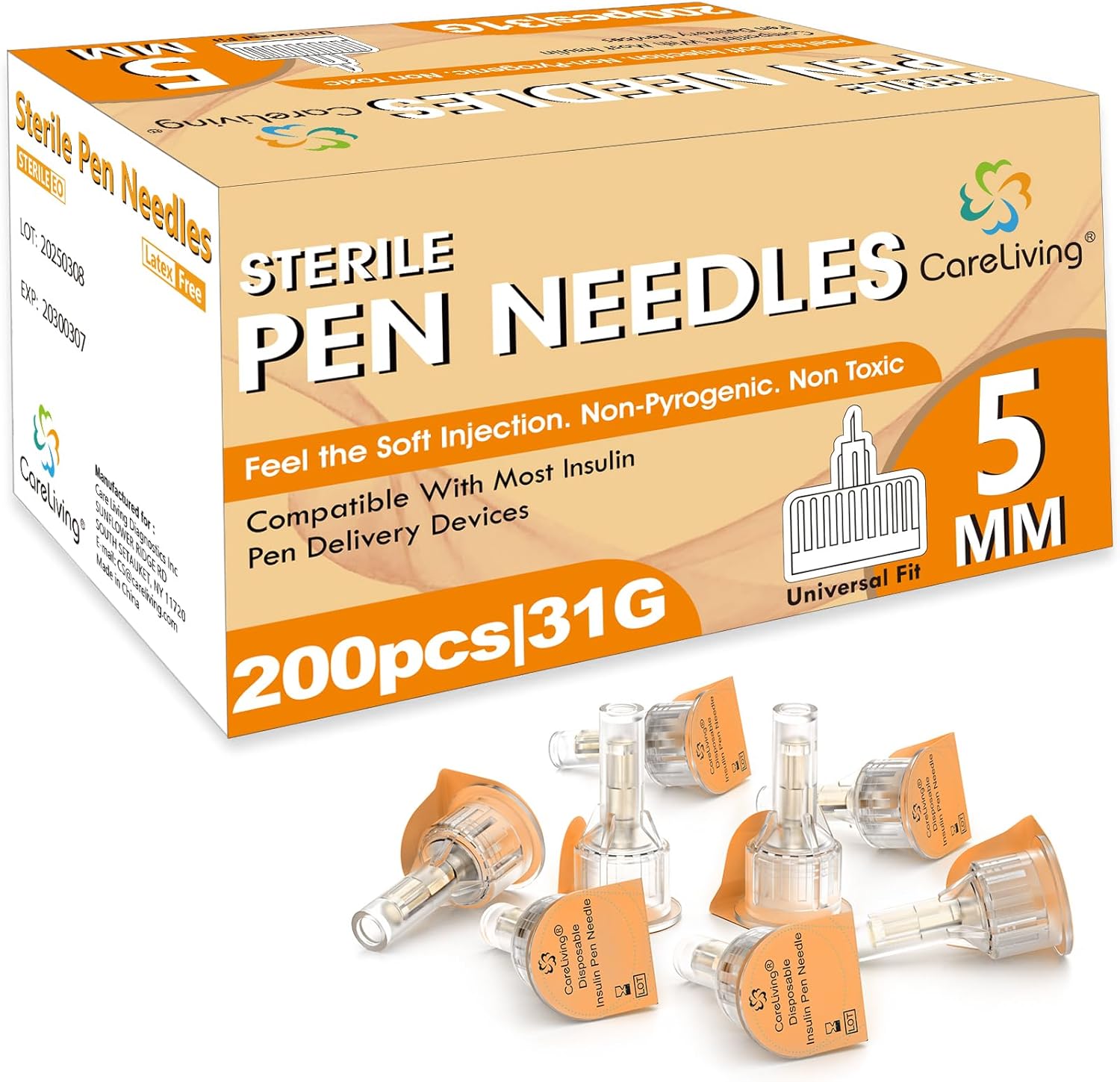 CareLiving Insulin Pen Needle 200 count box front view medical supplies