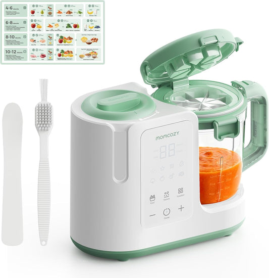 Momcozy AutoMeal Baby Food Maker front view with white and green design