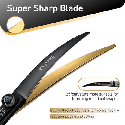 Fenice Peak professional curved shears highlighting the smooth inner guide rail mechanism