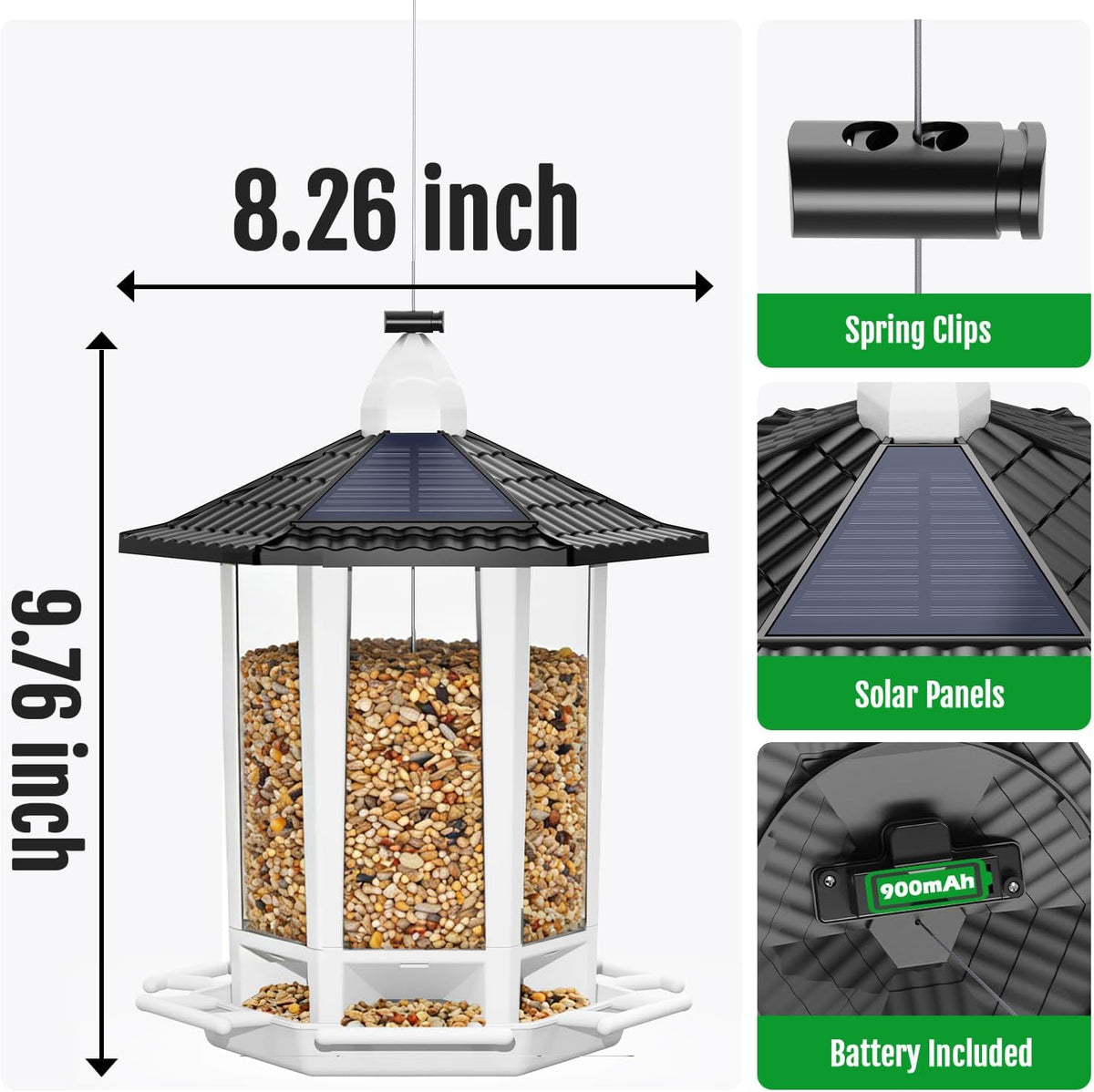 Close up view of clear seed viewing panel on Birdream hanging bird feeder