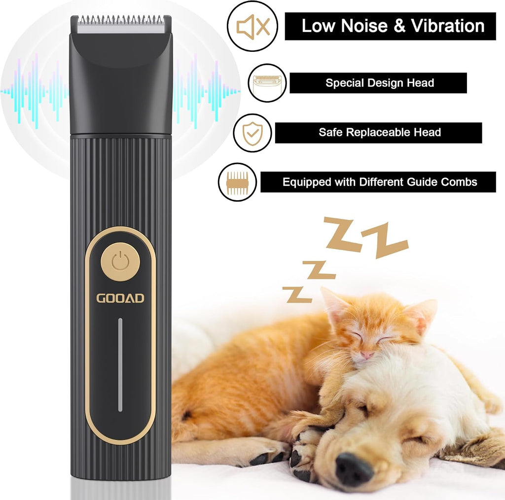Gooad cordless pet shaver showing the ceramic blades and detail trimmer head for matted hair