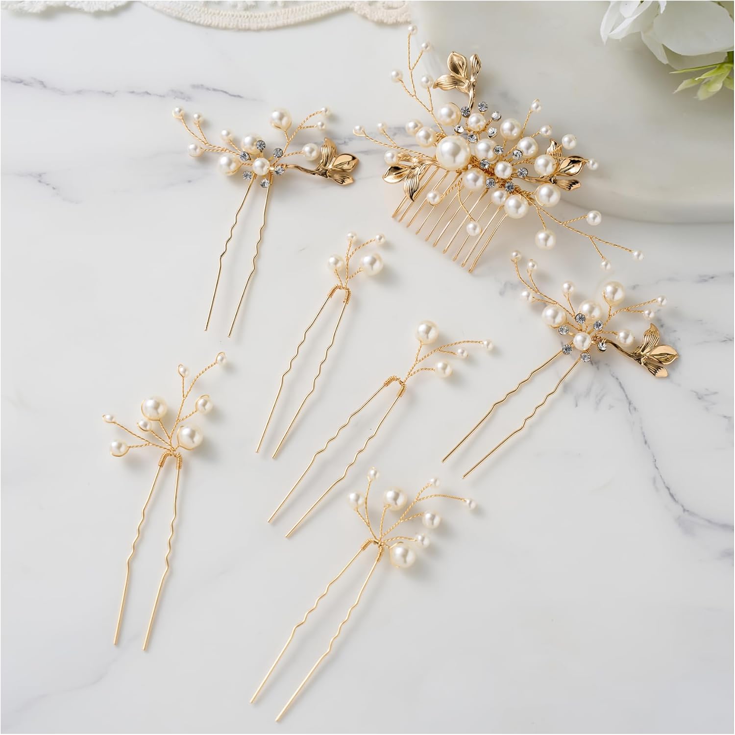SWEETV Bridal Wedding Hair Accessories Set of 7 front view showcasing premium gold finish