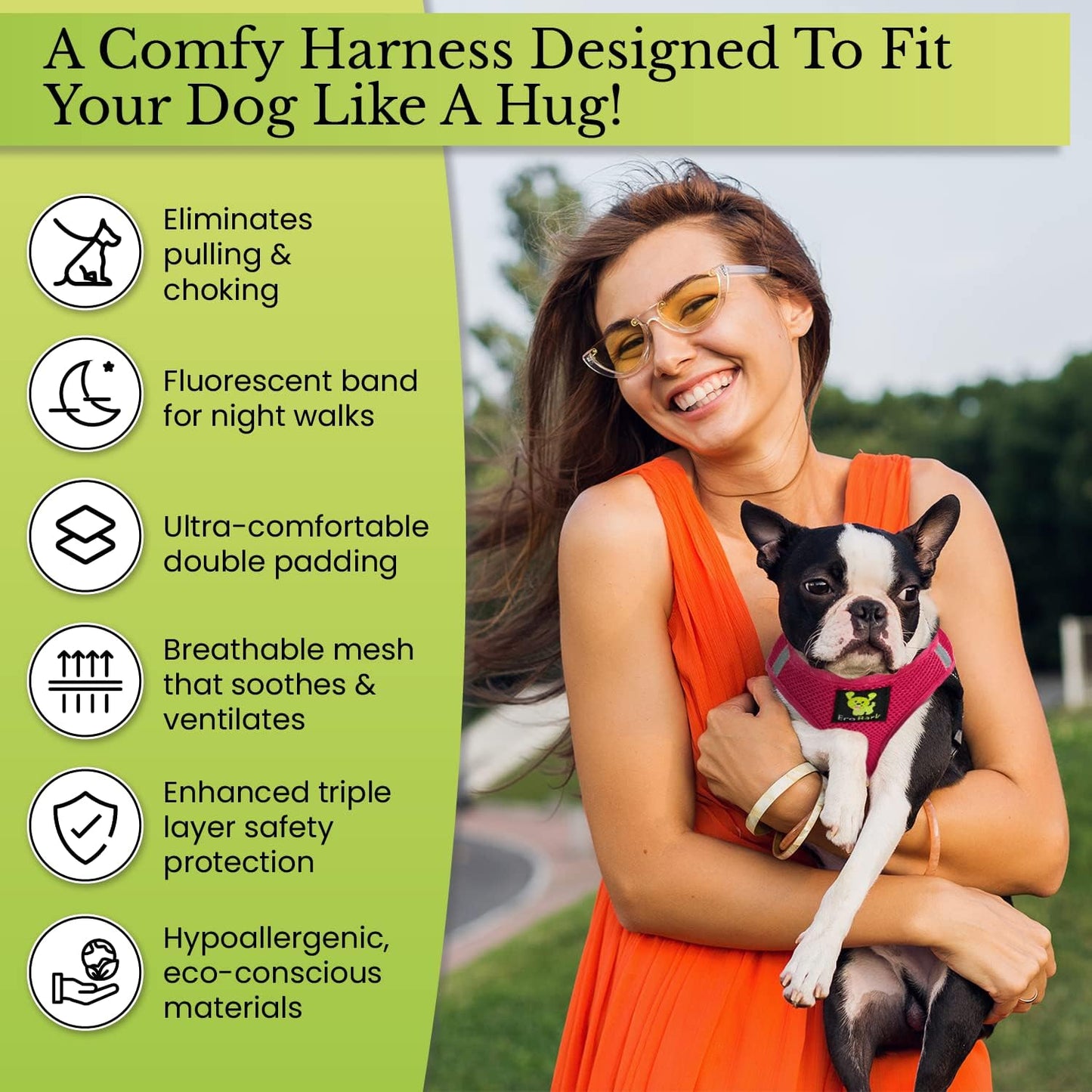 Reflective strip detail on EcoBark dog vest harness