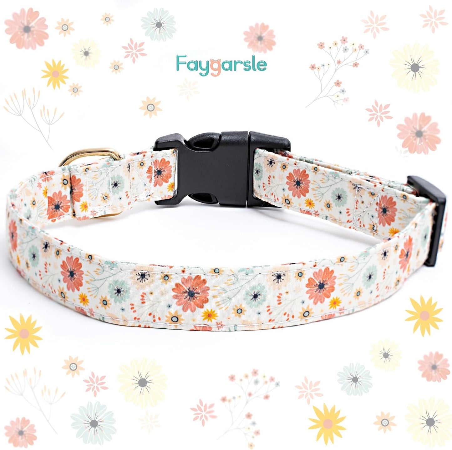 Close up of Faygarsle floral dog collar showing gold D-ring and buckle