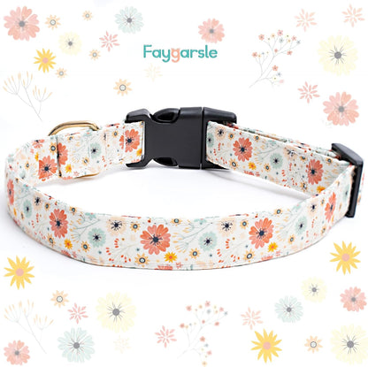 Close up of Faygarsle floral dog collar showing gold D-ring and buckle