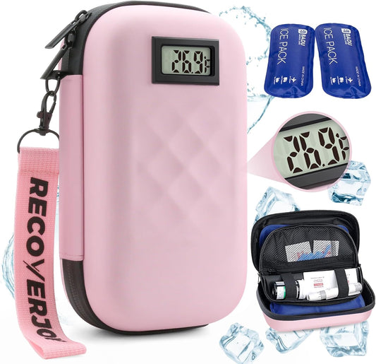 RecoverJoy insulin cooler travel case front view showing pink exterior and digital temperature display screen