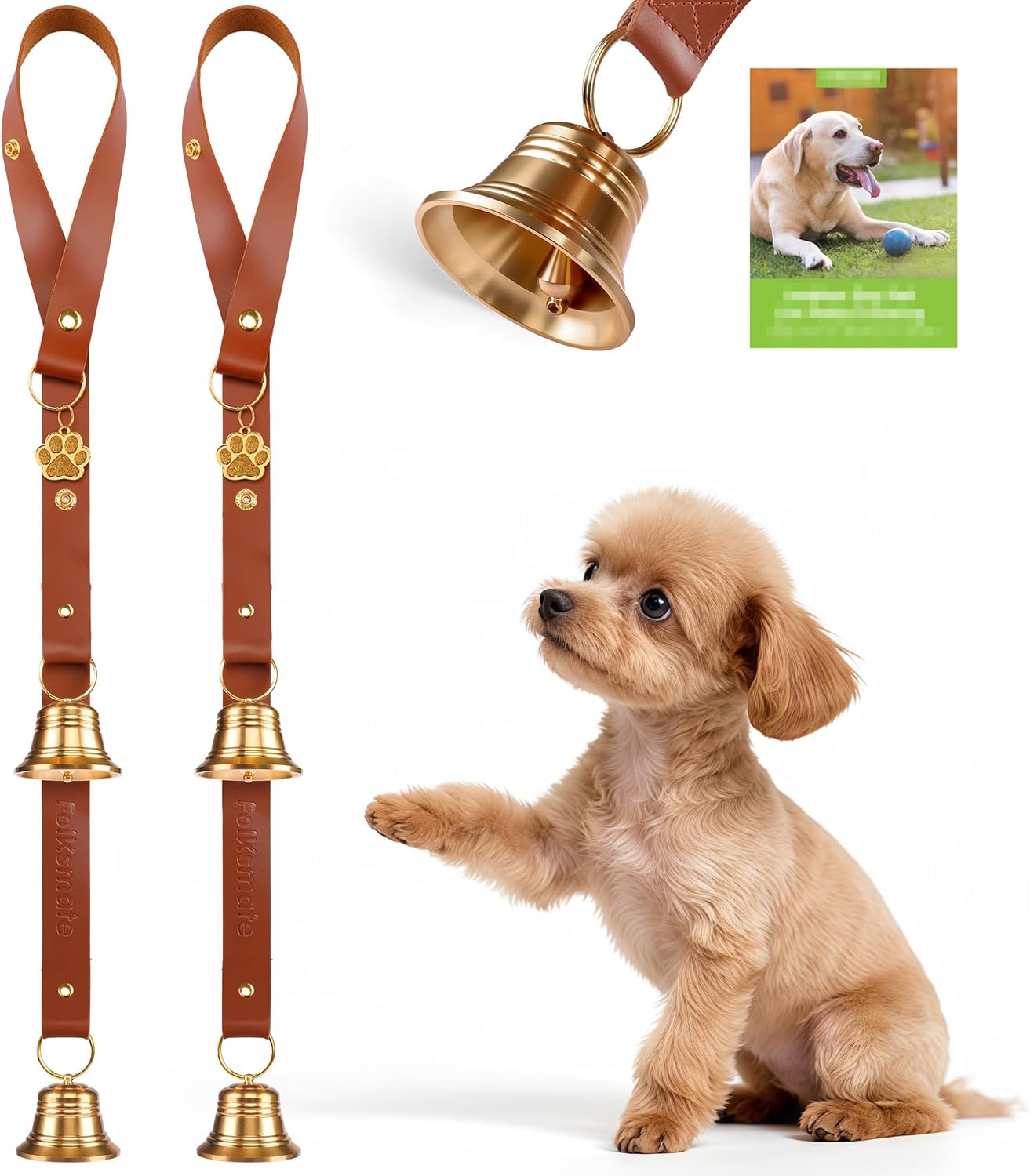 FOLKSMATE Leather Dog Door Bells for Potty Training, Big Brass Puppy Dog Door Bells Extra Loud for Dogs Training, Housebreaking, Door Knob, Dog Bell to Ring to Go Outside Puppy Pet Supplies Leather - Image 9