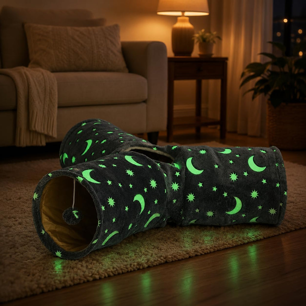 Cat Tunnel Tube with Plush Ball Toys Collapsible Self-Luminous Photoluminescence, for Small Animals Pets Bunny Rabbits, Kittens, Ferrets,Puppy and Dogs Grey Moon Star - Image 11
