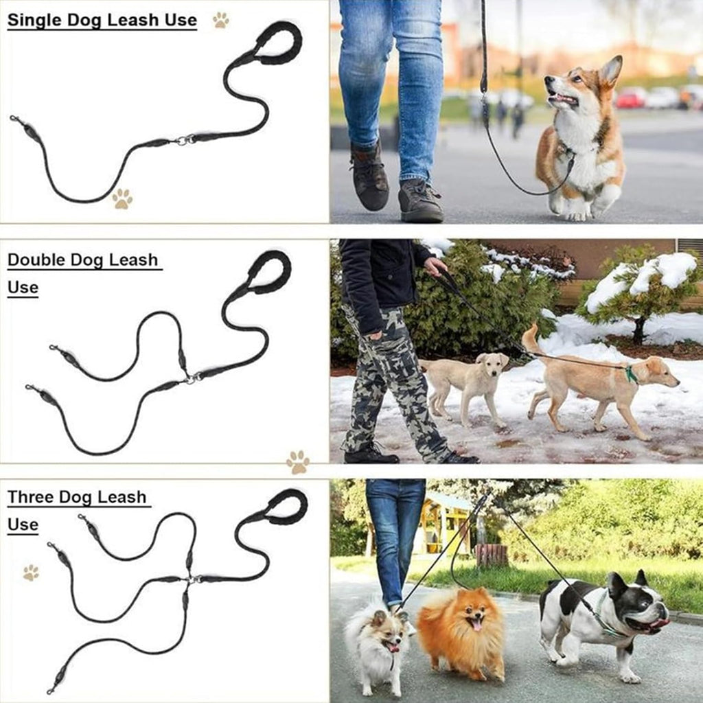Detachable three in one dog leash coupler components laid out on a clean background.