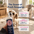 Back label of Mimo Mimo Paws pet cologne spray showing directions