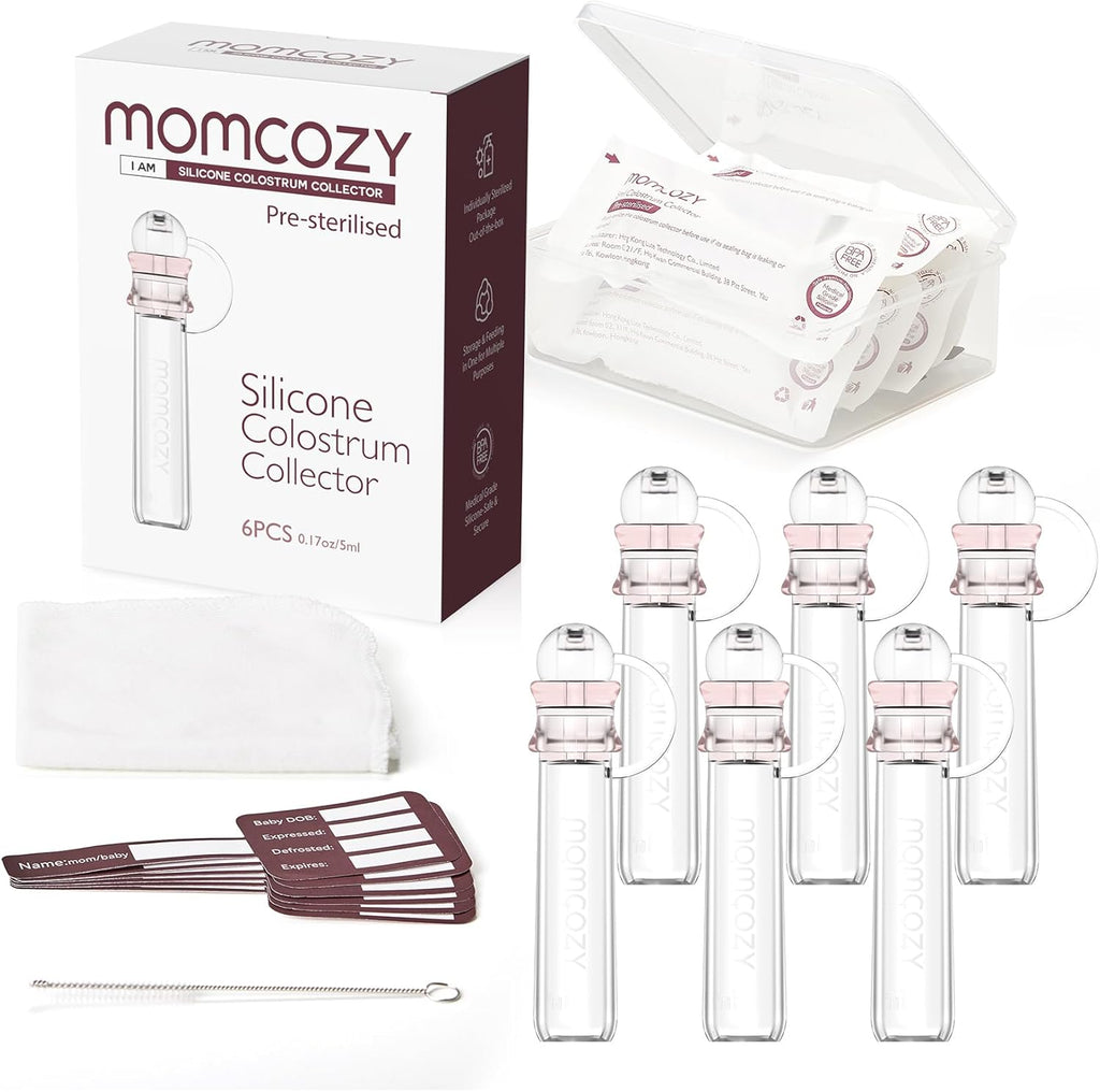 Momcozy Colostrum Collector front view showing six silicone containers in storage case