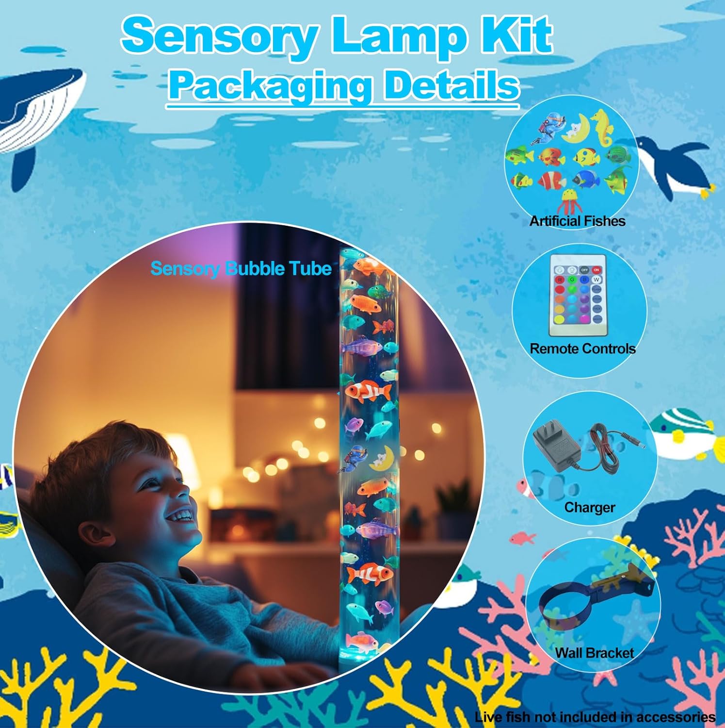 Muiofang autism and ADHD friendly bubble lamp illuminating a darkened sensory room with soothing purple LED light.