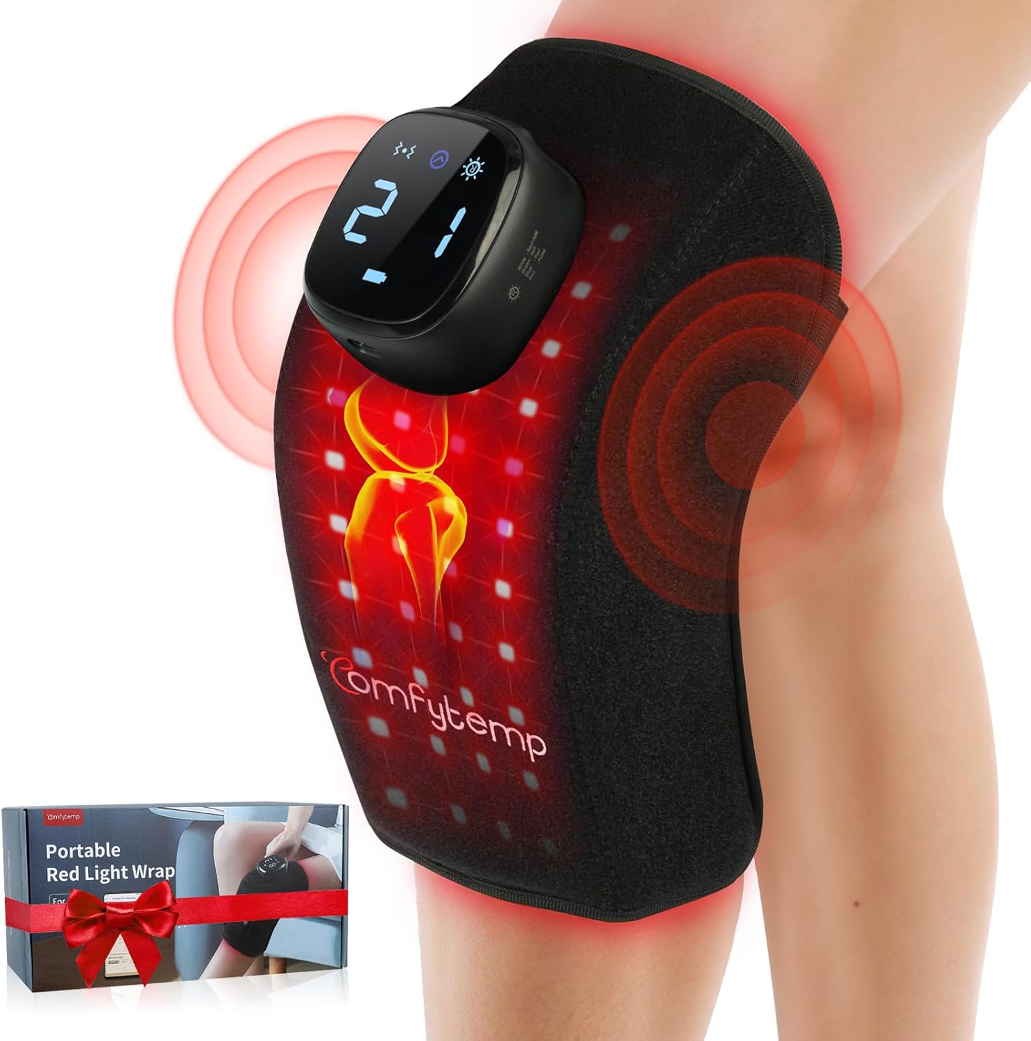 Comfytemp 3D Red Light Therapy Knee Wrap front view showing ergonomic design for joint pain relief.