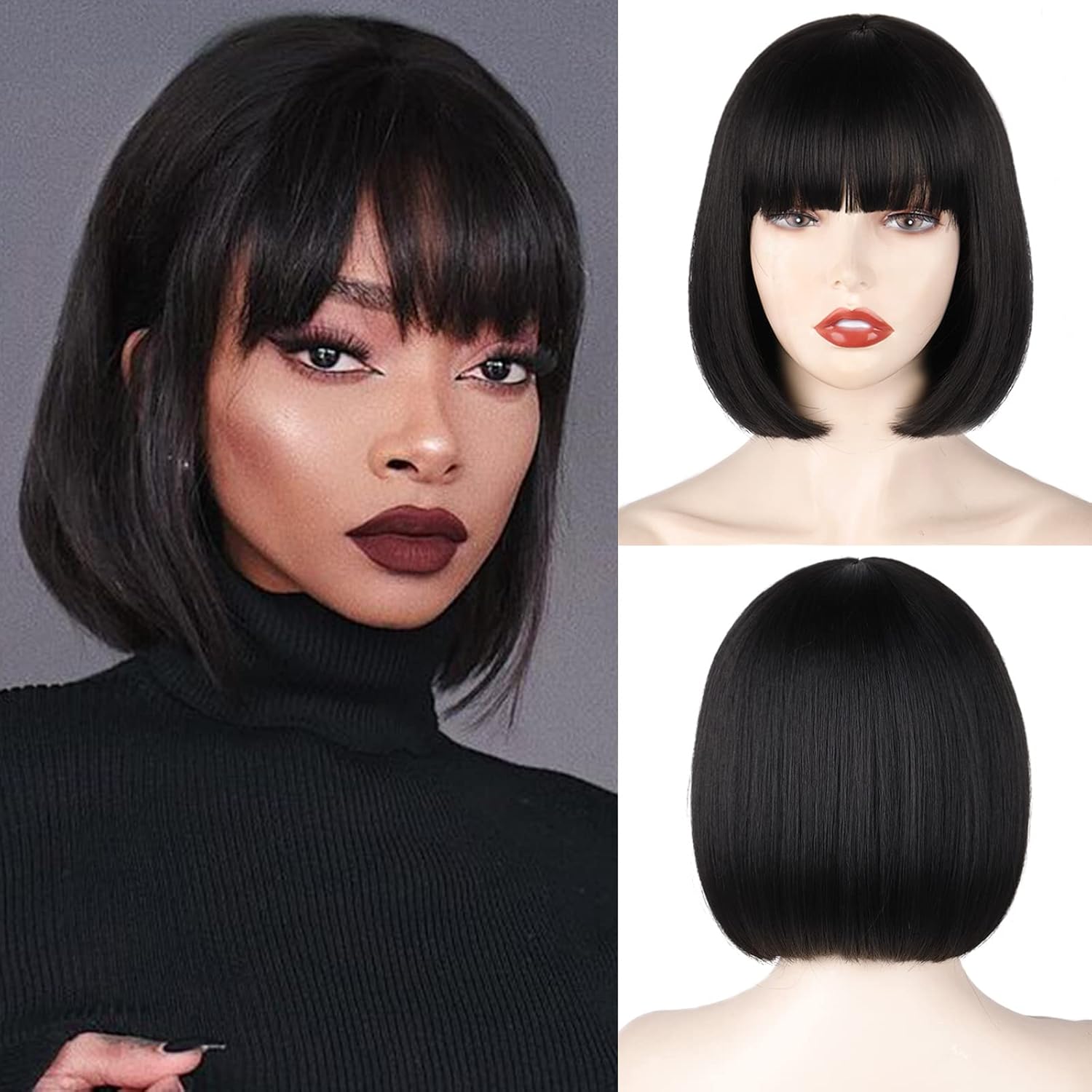 WERD Black Short Bob Wig with bangs front view showcase