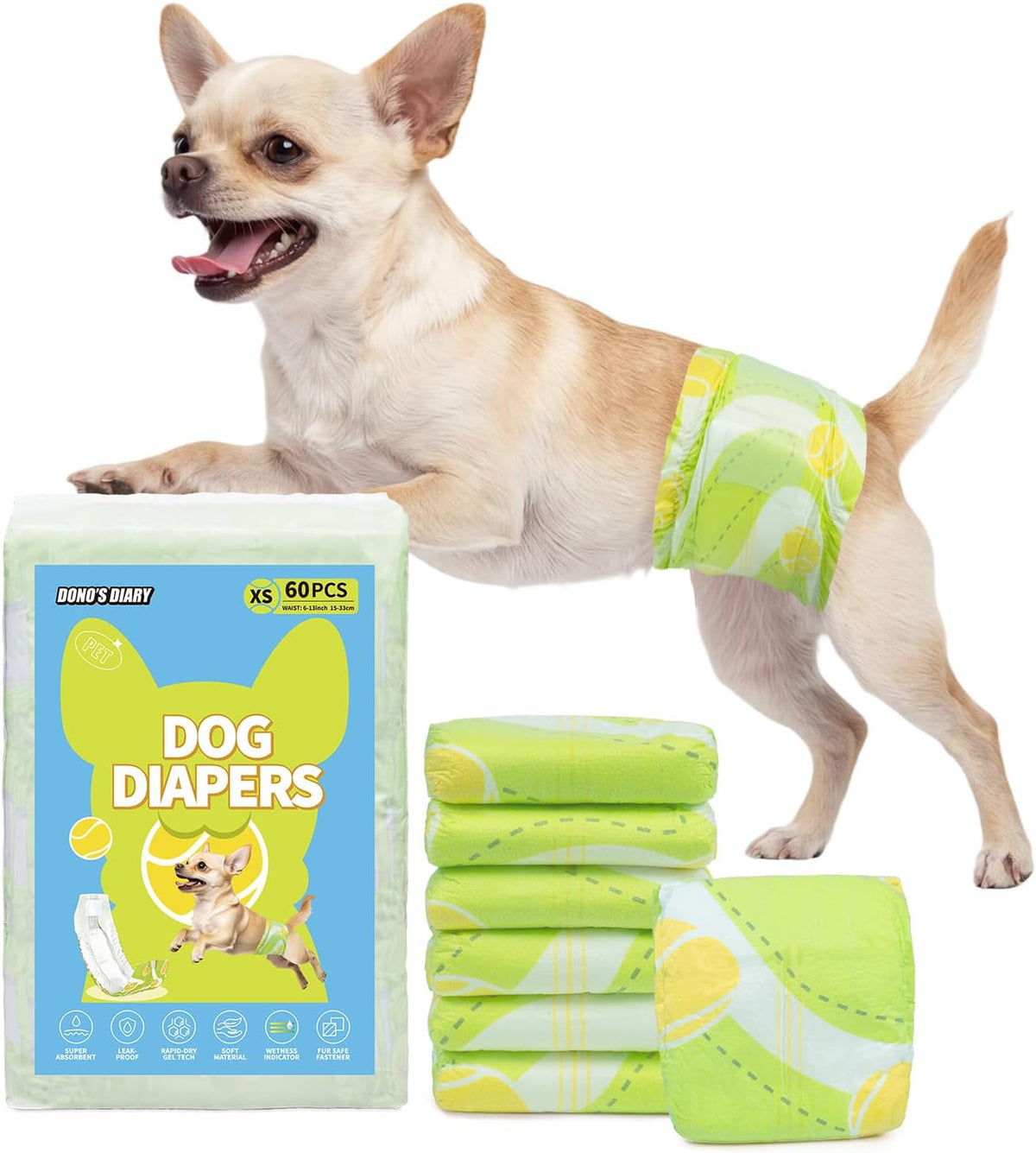 Dono Dog Diapers Male, Disposable Male Dog Wraps 60ct, Super Absorbent Doggie Diapers with Wetness Indicator, Leak-Proof Belly Band, Puppy Pampers for Excitable Urination, Incontinence, Small - Image 12