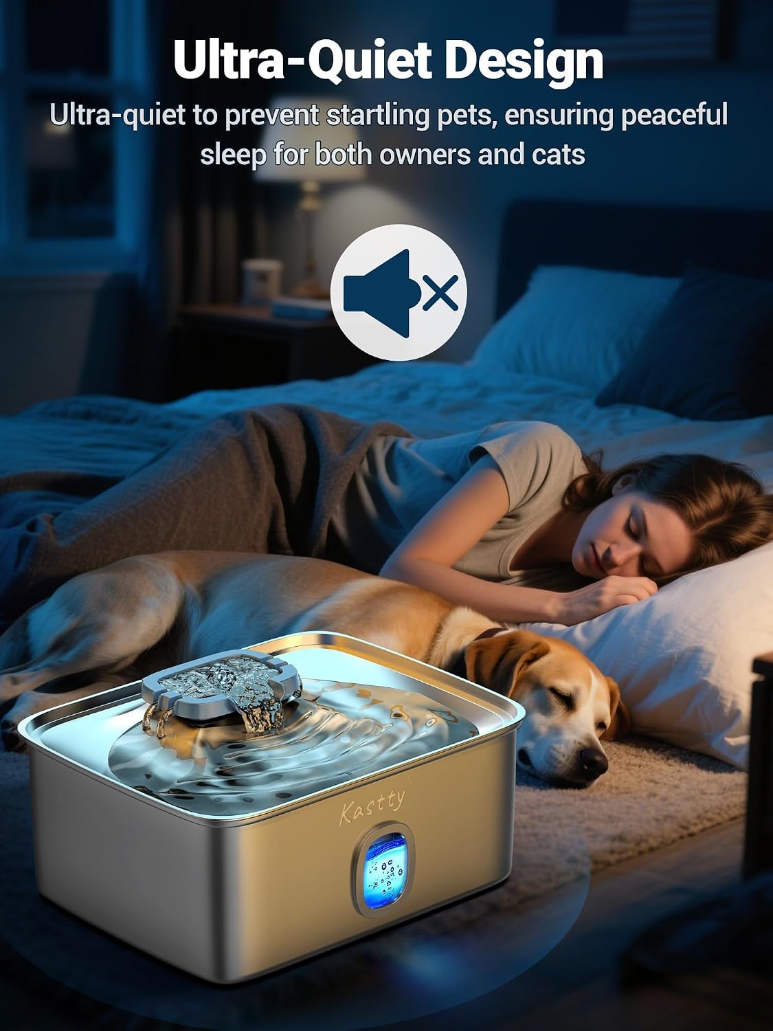 Top down view of stainless steel dog water dispenser basin